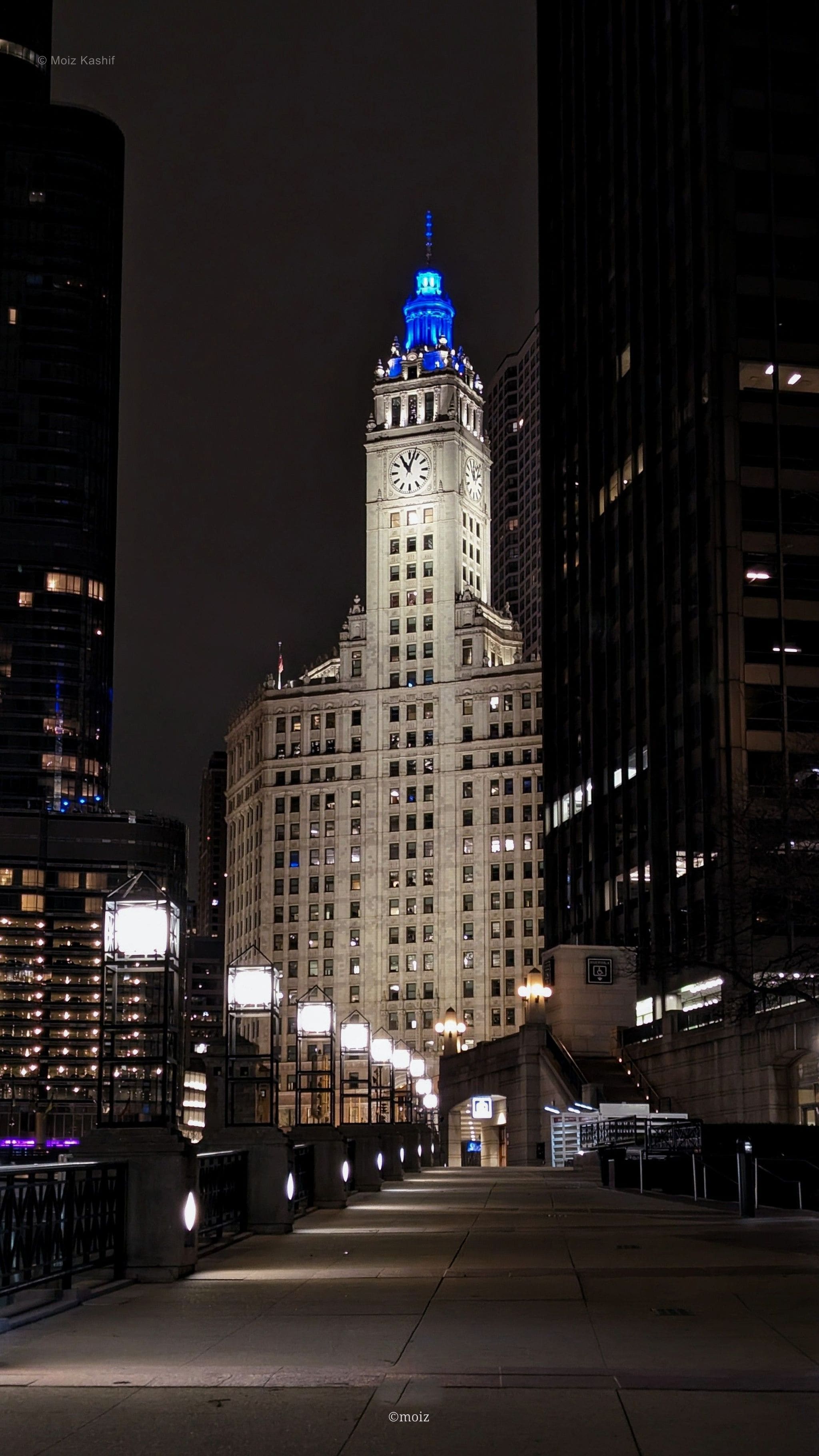 The illuminated Wrigley Building framed by dark downtown towers.
